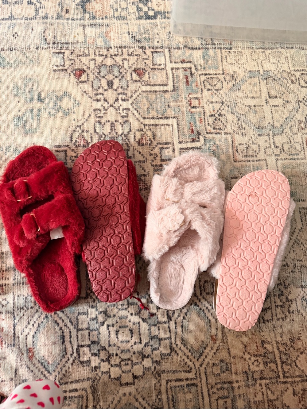 Faux-Fur Double-Strap Women's Slippers - Red and Light Pink - Picture 2 of 2